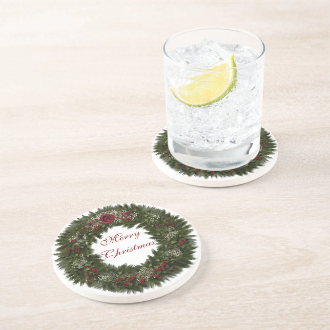 Posavasos De Arenisca Merry Christmas Wreath Coaster (Lado)