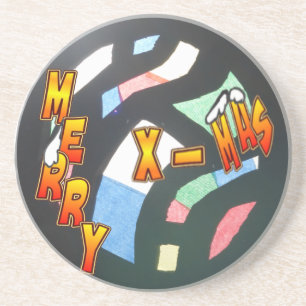 Posavasos De Arenisca Merry Xmas Patrón de vidrio manchado de piedra
