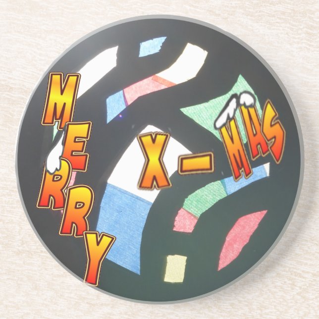 Posavasos De Arenisca Merry Xmas Patrón de vidrio manchado de piedra (Frente)