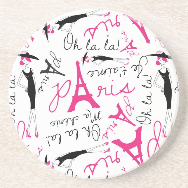 Posavasos De Arenisca Moda de París Blanco y negro rosado (Frente)