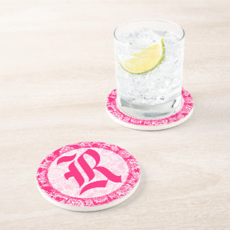 Posavasos De Arenisca Monograma de Boda de Damasco Rosa