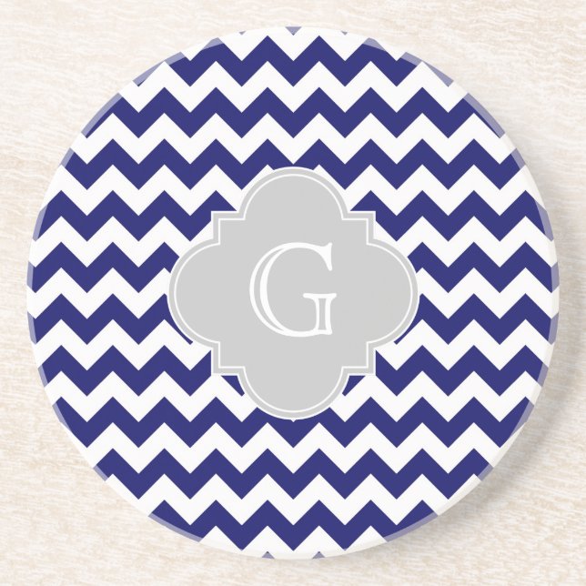 Posavasos De Arenisca Monograma de Cuatrefoil Gris Chevron Why Navy (Frente)
