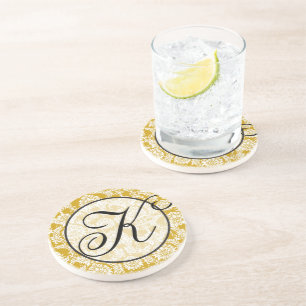 Posavasos De Arenisca Monograma de Damasco amarillo y gris