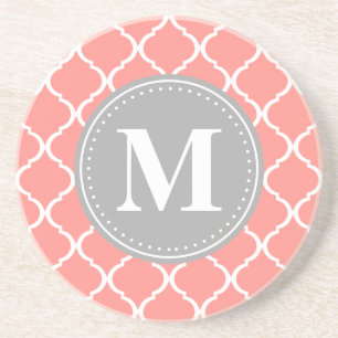 Posavasos De Arenisca Monograma de gris rosado del Entramado marroquí de