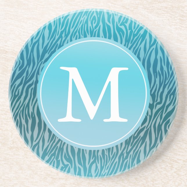 Posavasos De Arenisca Monograma de impresión de cebra de Aqua Ombre (Frente)