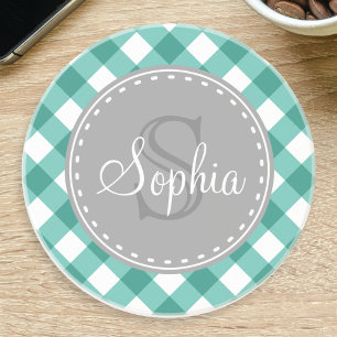 Posavasos De Arenisca Monograma del patrón de plante de Gingham blanco v