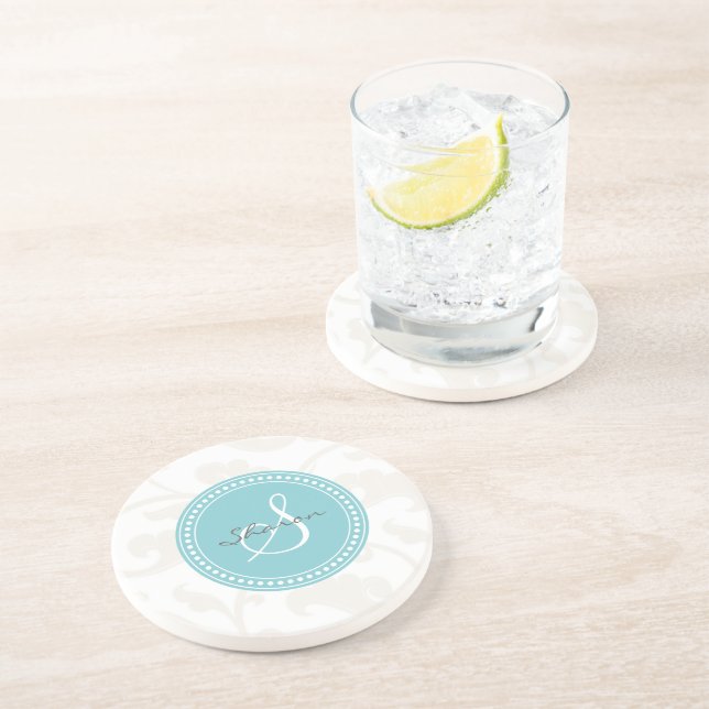 Posavasos De Arenisca Monograma elegante de estampado floral blanco (Lado)