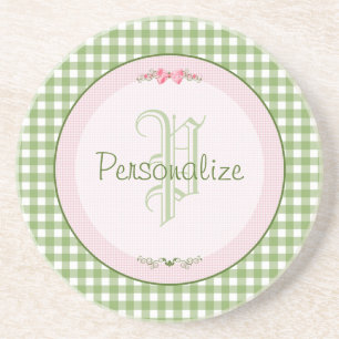 Posavasos De Arenisca Monograma Girly Green Gingham Con Nombre