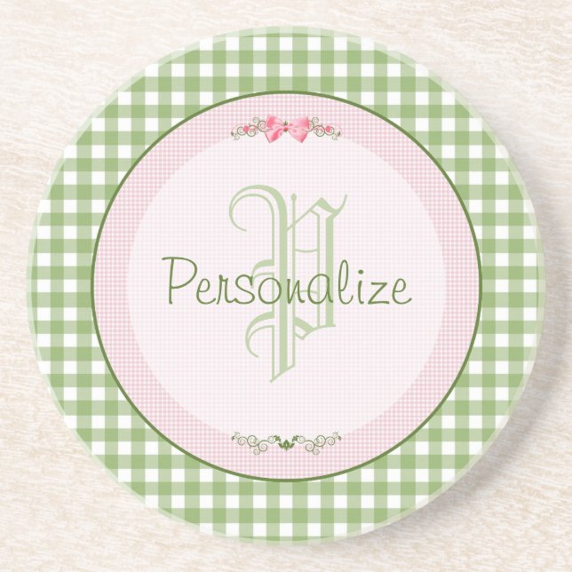 Posavasos De Arenisca Monograma Girly Green Gingham Con Nombre (Frente)