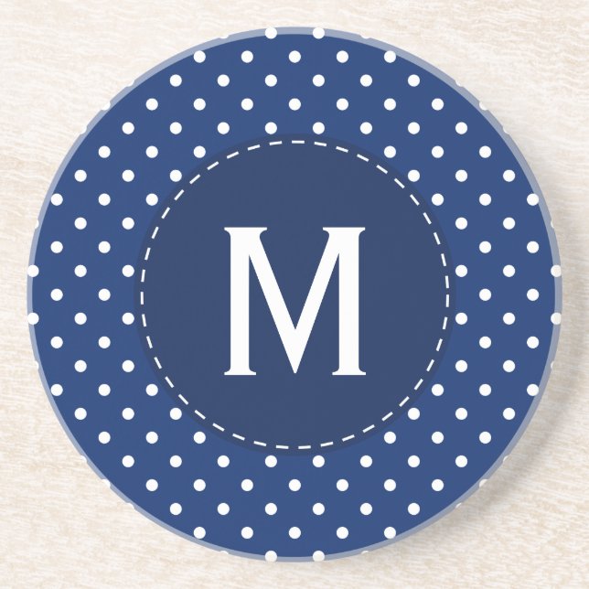 Posavasos De Arenisca Monograma Patrón de punto de polka azul real y bla (Frente)