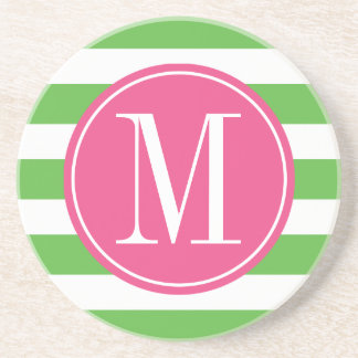 Posavasos De Arenisca Monograma Personalizado de franjas rosadas y verde