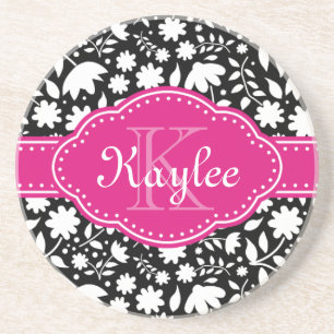 Posavasos De Arenisca Monograma rosa del patrón floral blanco y negro