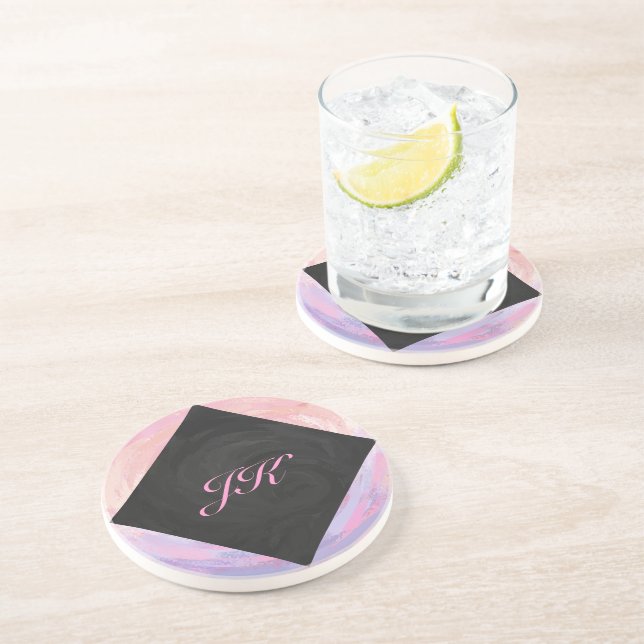 Posavasos De Arenisca Monograma rosa y negro (Lado)