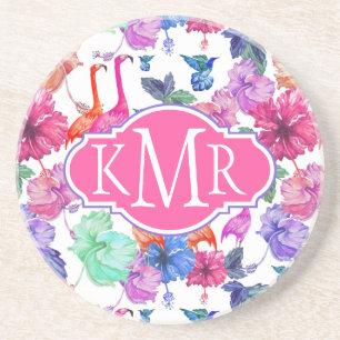 Posavasos De Arenisca Monograma tropical del modelo el de la acuarela