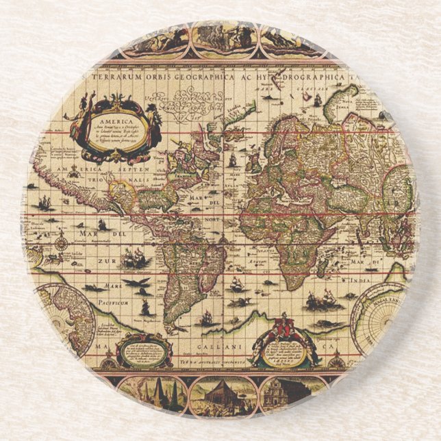 Posavasos De Arenisca Monstruo de mapas del mundo antiguo (Frente)