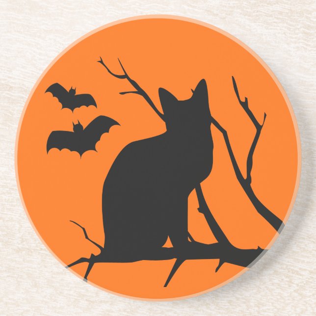 Posavasos De Arenisca Monstruo de silueta de gato Halloween (Frente)