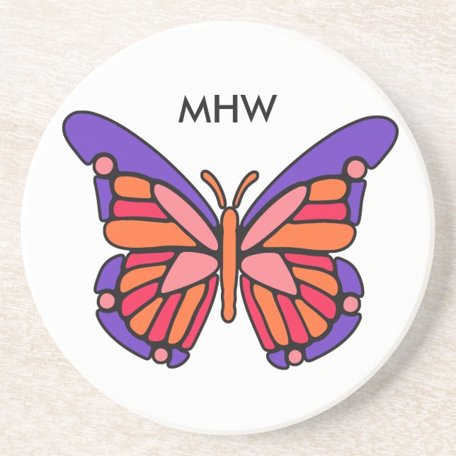 Posavasos De Arenisca Monstruo en monograma de personalizado de mariposa (Frente)