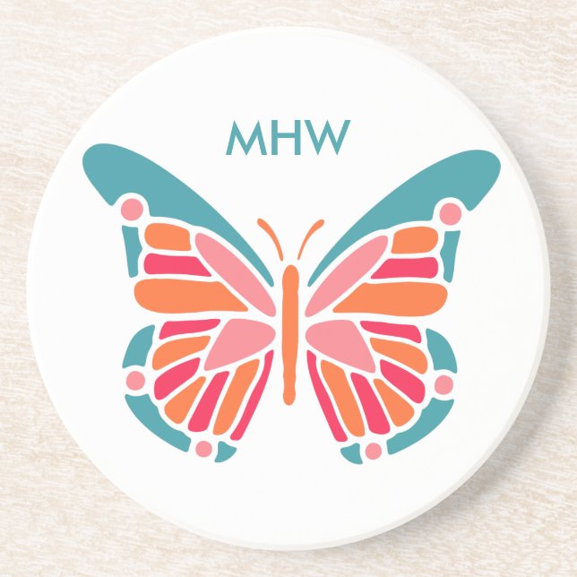Posavasos De Arenisca Monstruo en monograma de personalizado de mariposa (Frente)