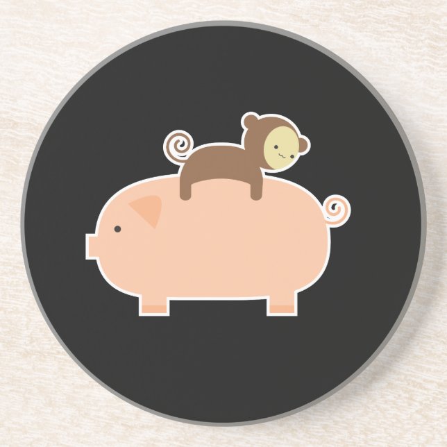 Posavasos De Arenisca Montar a caballo del mono del bebé en un cerdo (Frente)