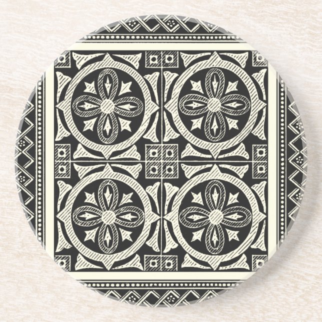 Posavasos De Arenisca Motivo de Mandala en blanco y negro por Vision Stu (Frente)