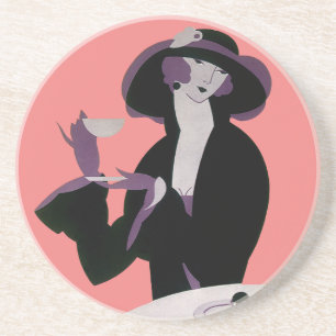 Posavasos De Arenisca Mujer Art Déco Vintage, té de la tarde y pastelito
