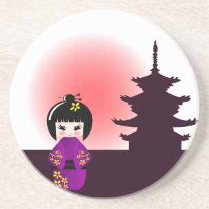 Posavasos De Arenisca Muñeca de Kokeshi y prácticos de costa japoneses