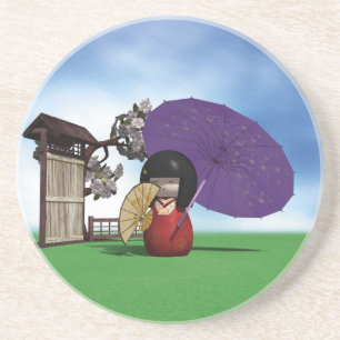 Posavasos De Arenisca Muñeca Kokeshi Japonesa Arte Flor de Cerezo