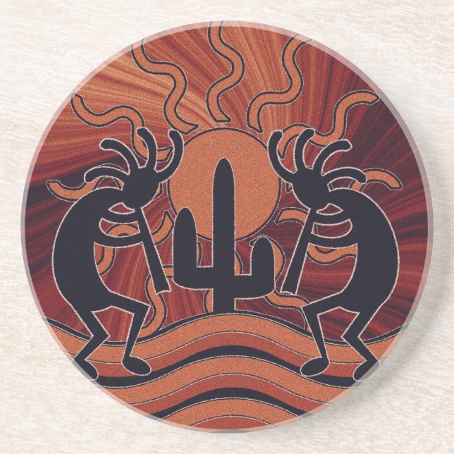 Posavasos De Arenisca Naranja Y Negro Diseño Sudoeste Kokopelli (Frente)