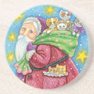 Posavasos De Arenisca Navidad linda, Santa Claus con gatitos y gatos!