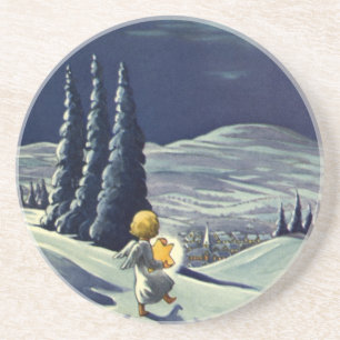 Posavasos De Arenisca Navidad vintage, ángel de nieve caminando con una 
