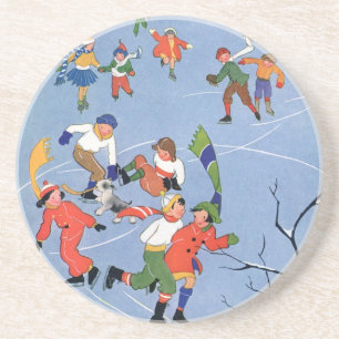 Posavasos De Arenisca Navidad Vintage, niños patinando sobre hielo en un