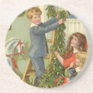 Posavasos De Arenisca Navidad vintage, niños victorianos decorando