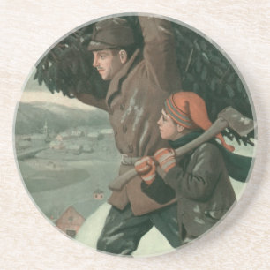 Posavasos De Arenisca Navidad Vintage, Padre e Hijo Cortan un Árbol
