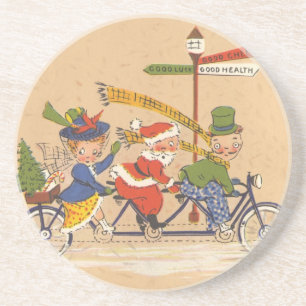 Posavasos De Arenisca Navidad Vintage, Papá Noel montado en una biciclet