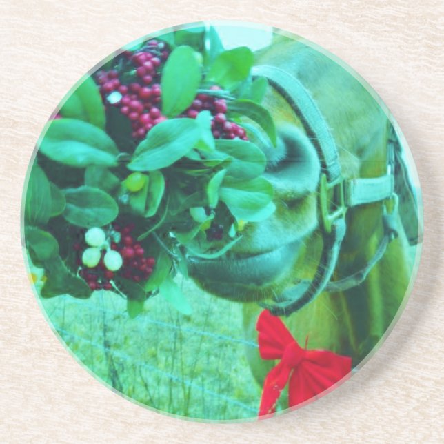Posavasos De Arenisca Navidades Caballo Verde azulado Mistletoe (Frente)