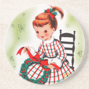 Posavasos De Arenisca Navidades clásicos, niñita con cintas de cortina