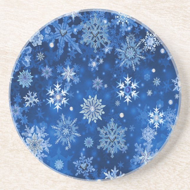 Posavasos De Arenisca Navidades Copos de nieve azules y plateados (Frente)