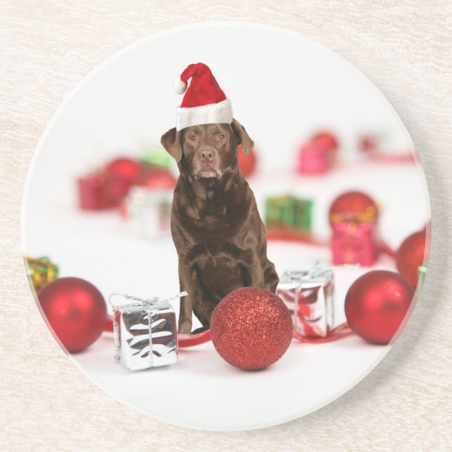 Posavasos De Arenisca Navidades de perro de Labrador marrón con regalos  (Frente)