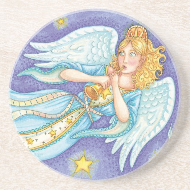 Posavasos De Arenisca Navidades, el músico Ángel tocando su cuerno (Frente)