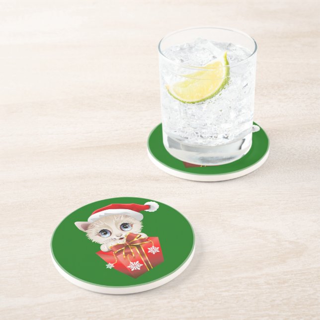 Posavasos De Arenisca Navidades gatitos Santa con regalo (Lado)