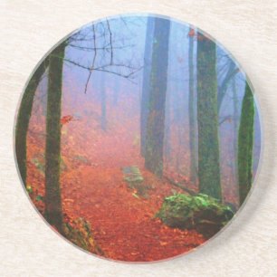Posavasos De Arenisca Niebla azul del otoño del bosque pintado
