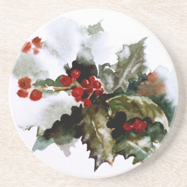 Posavasos De Arenisca Nieve cubierta Holly Coasters (Frente)