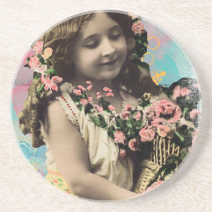 Posavasos De Arenisca Niña y flores antiguas