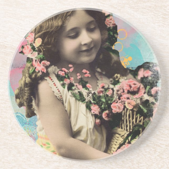 Posavasos De Arenisca Niña y flores antiguas (Frente)