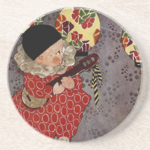 Posavasos De Arenisca Niño Antiguo Arlequín, Músico Tocando Banjo