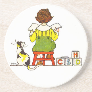 Posavasos De Arenisca Niño leyendo con gato