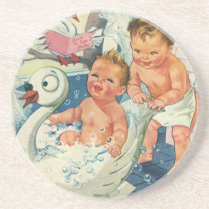 Posavasos De Arenisca Niños antiguos jugando con burbujas en bañera de c
