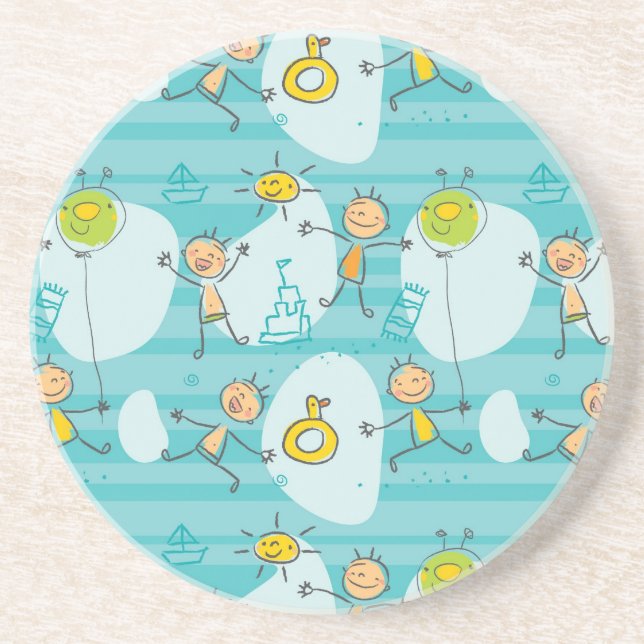 Posavasos De Arenisca Niños lindos que juegan en el modelo de la playa (Frente)