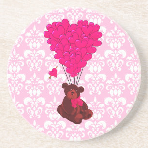 Posavasos De Arenisca Osos y globos en forma de corazón sobre damasco ro