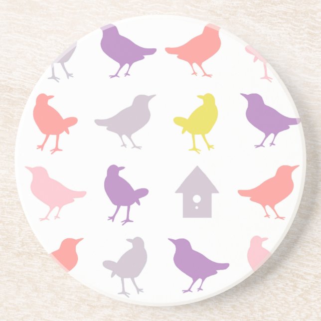 Posavasos De Arenisca Pájaros rosados y púrpura pastorales con hogar de  (Frente)